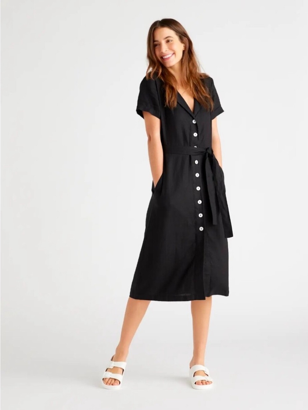 Quince 100% Linen Button Front Midi Dress Black Tie Waist Belt Size Medium